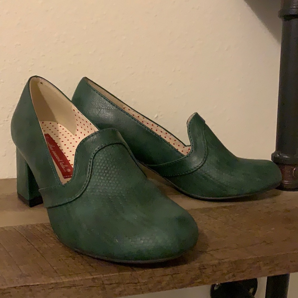 Chunky green loafer heels